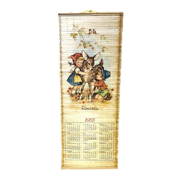 Bamboo Calendar 1988-89 Vintage Hummel Children Kitten 12.5" x 33" Double Sided - Picture 1 of 12